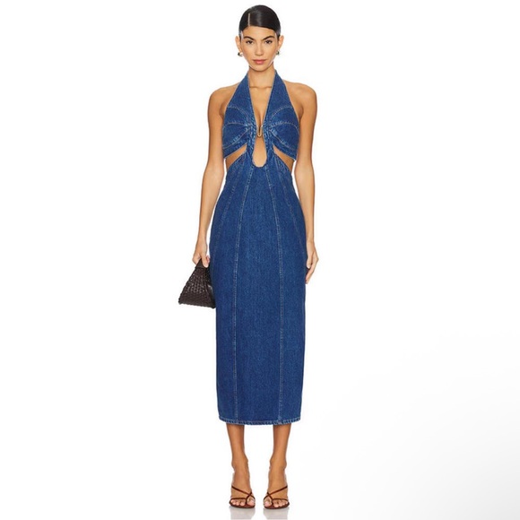 NWT Cult Gaia Abi Cutout Denim Halter Midi Dress - Size 4 - Picture 1 of 10